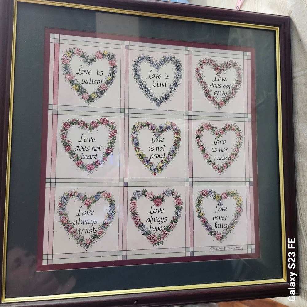 Home Interiors Framed Art Love Is Humphrey Burgundy Hunter Green Cherry Wood 90s